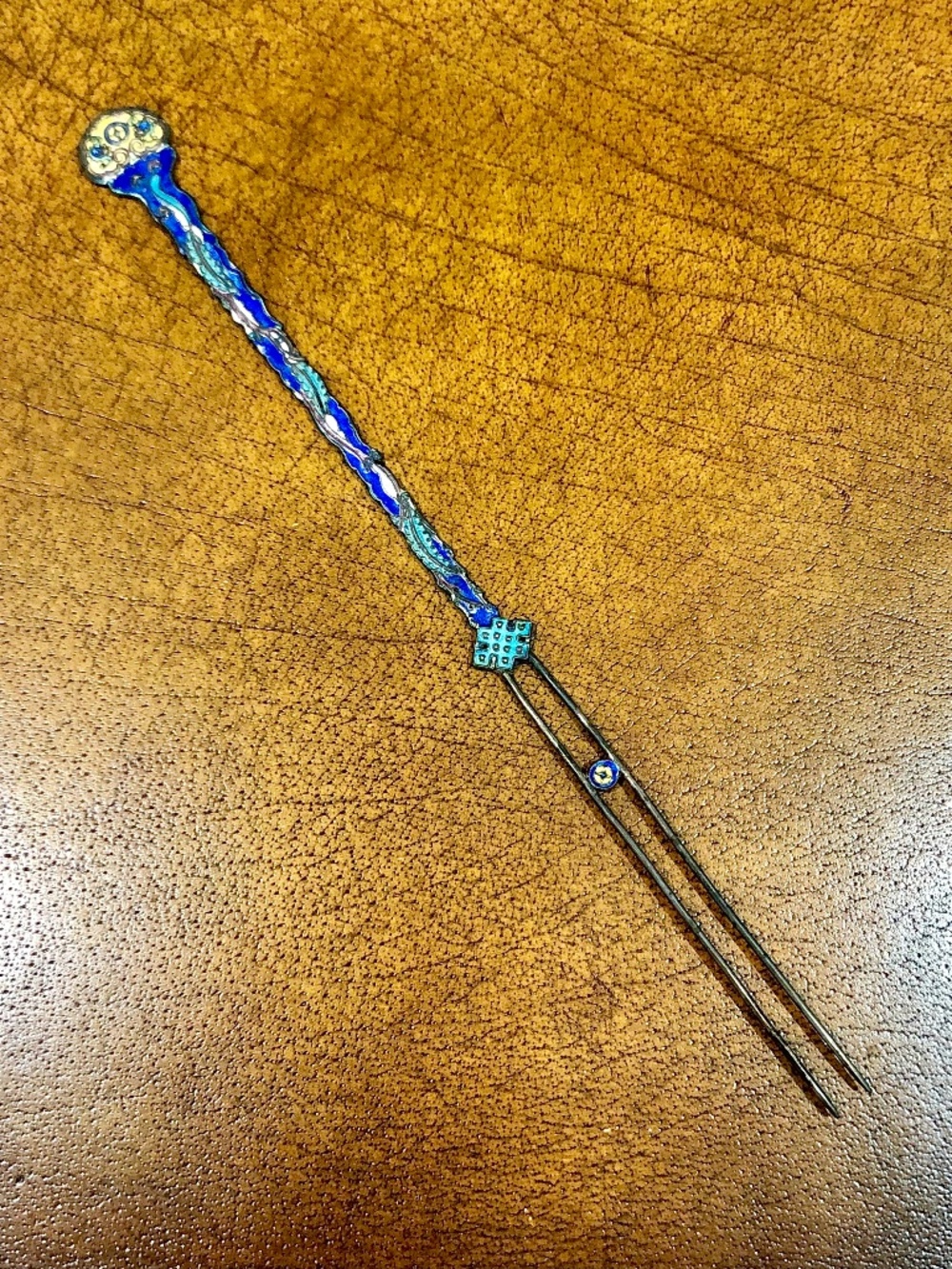 Antique Chinese Silver Enamel Floral Double Hair Pin 10” Wedding Hair Piece